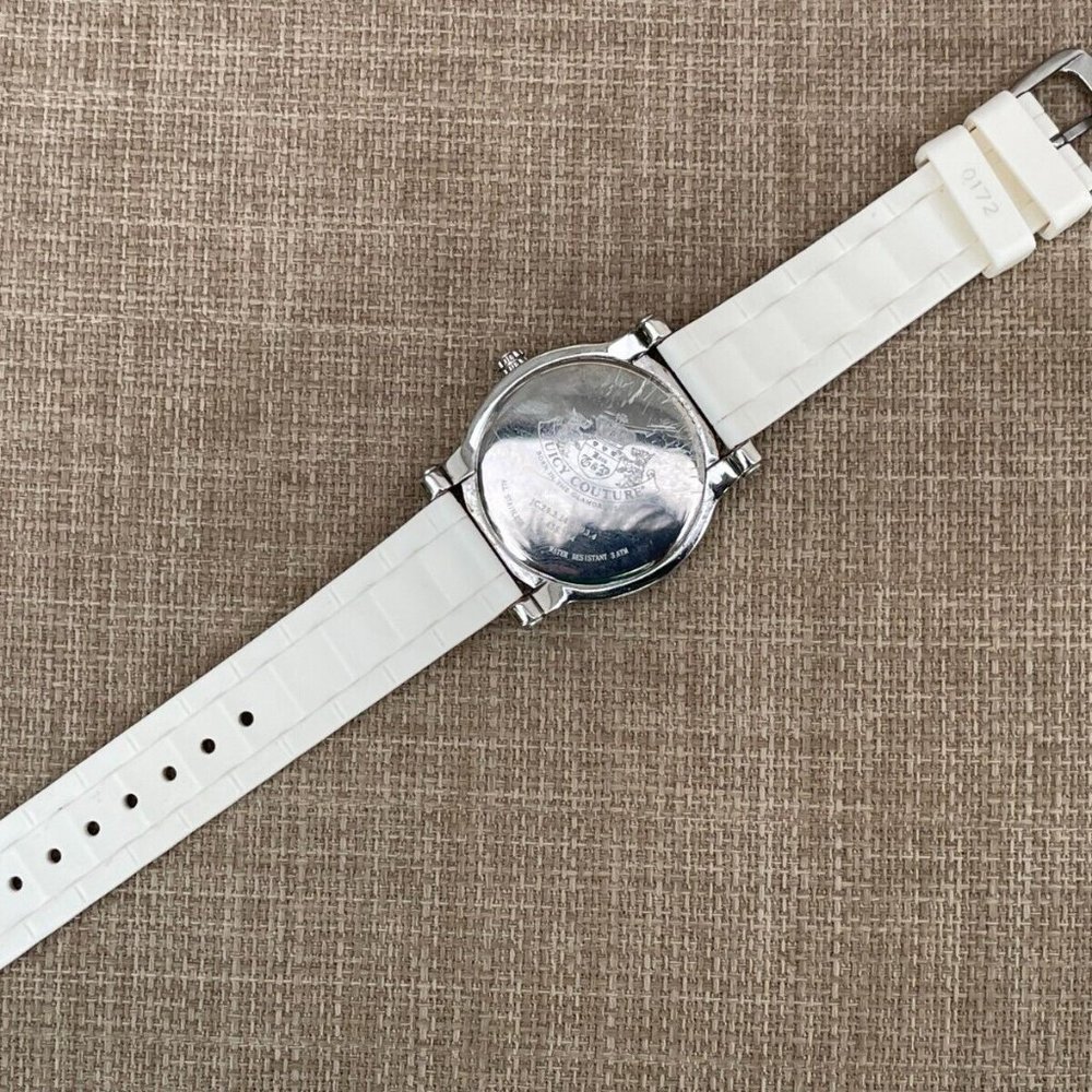 Juicy Couture Ladies Wrist Watch Crytals Accent Face White Rubber Band Quartz - Picture 6 of 12